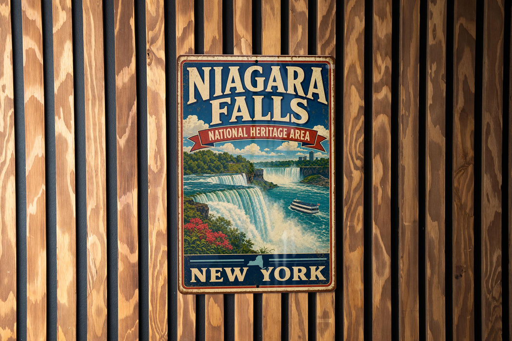 A vintage-style metal sign for Niagara Falls, the National Heritage Area in New York, is displayed on a wooden wall.