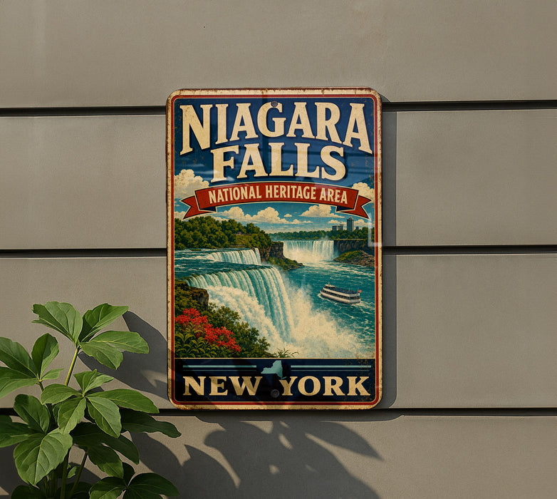A vintage-style metal sign for Niagara Falls, New York, featuring a waterfall and a boat, mounted on a wall.