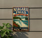 A vintage-style metal sign for Niagara Falls, New York, featuring a waterfall and a boat, mounted on a wall.