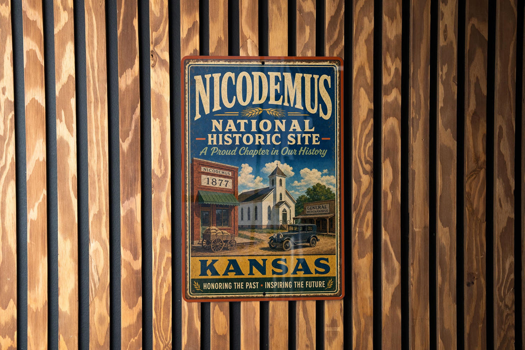 A vintage-style metal sign for the Nicodemus National Historic Site in Kansas, featuring an illustration of a building and a church.