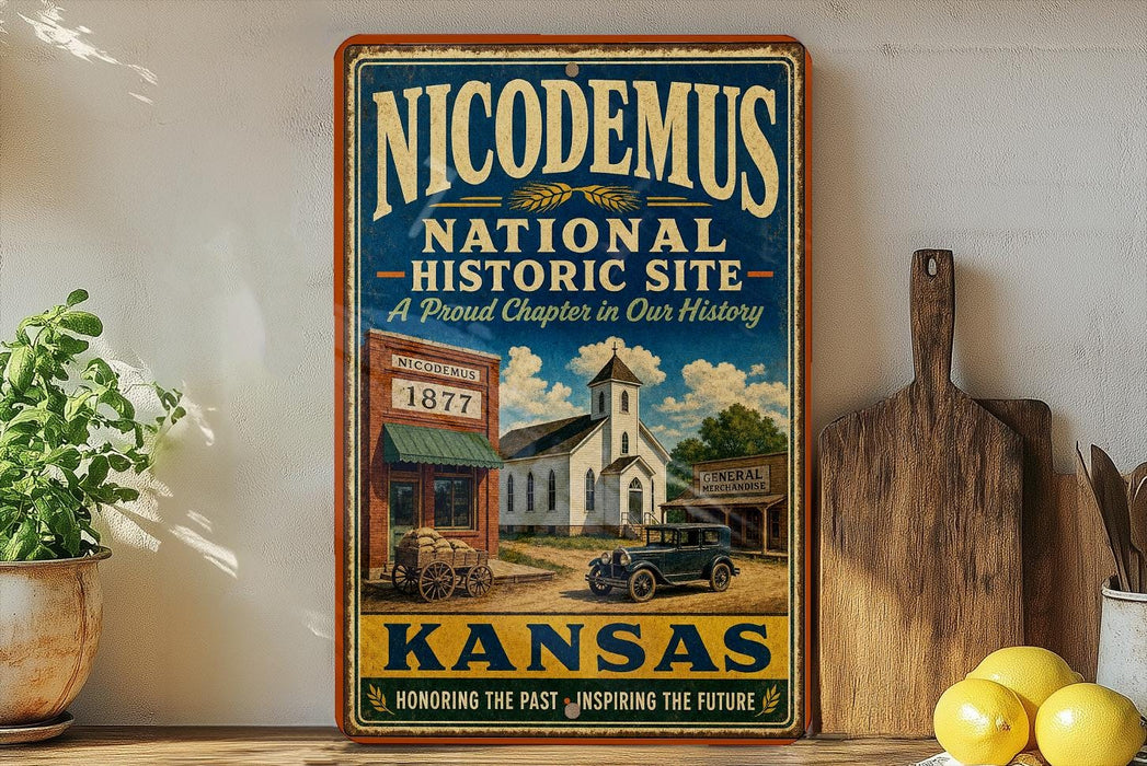 A vintage-style sign for the Nicodemus National Historic Site in Kansas, featuring an illustration of a historic building and a car.