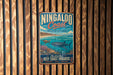 A vintage-style metal sign for the Ningaloo Coast, Western Australia, featuring an illustration of a whale shark, a sea turtle, and coral reefs.
