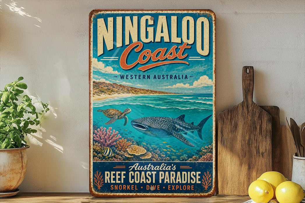 A vintage-style sign for the Ningaloo Coast, Western Australia, featuring an illustration of a whale, coral, and a turtle in the ocean.
