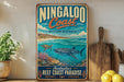 A vintage-style sign for the Ningaloo Coast, Western Australia, featuring an illustration of a whale, coral, and a turtle in the ocean.