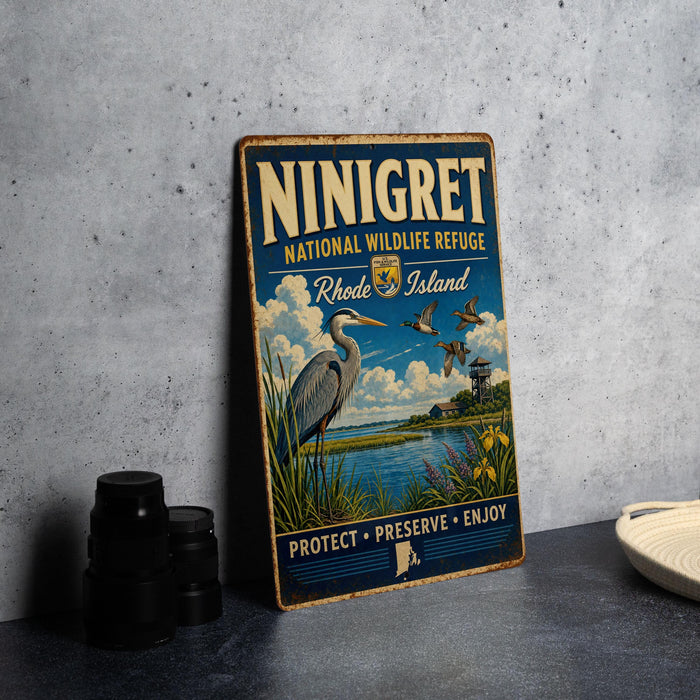 A vintage-style metal sign for the National Wildlife Refuge in Rhode Island, featuring an illustration of a bird and a scenic landscape.