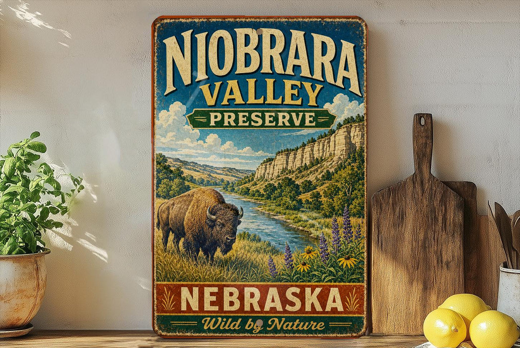 a vintage-style sign for Niobrara Valley Preserve in Nebraska, with a buffalo illustration and a scenic landscape.