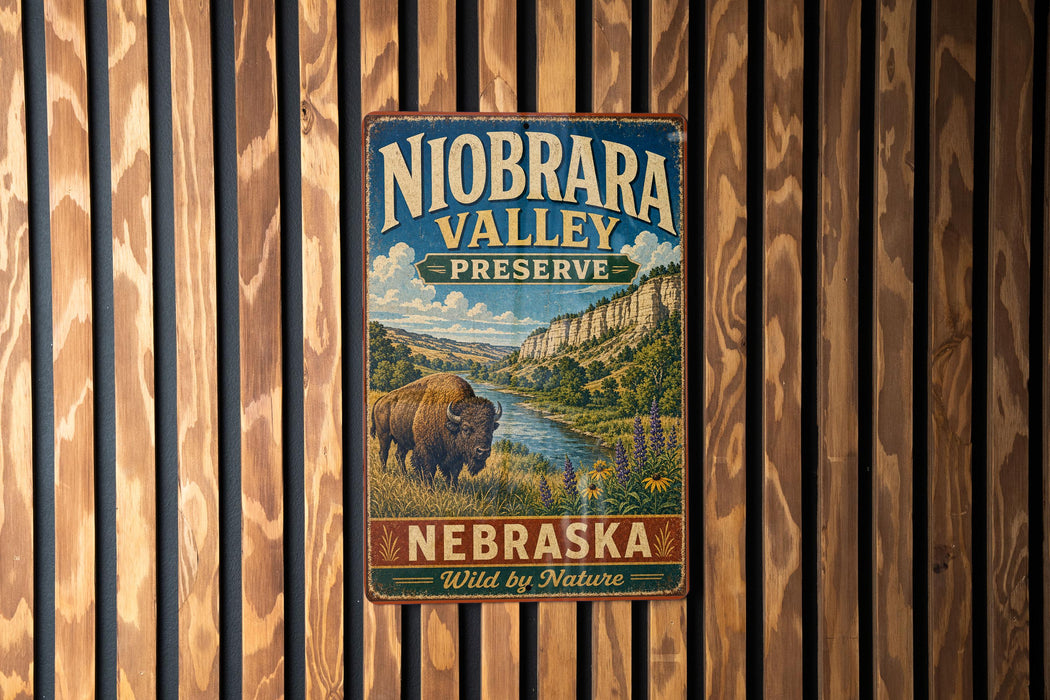 A vintage metal sign for Niobrara Valley Preserve in Nebraska, featuring a buffalo in a grassy field with a river and mountains in the background.
