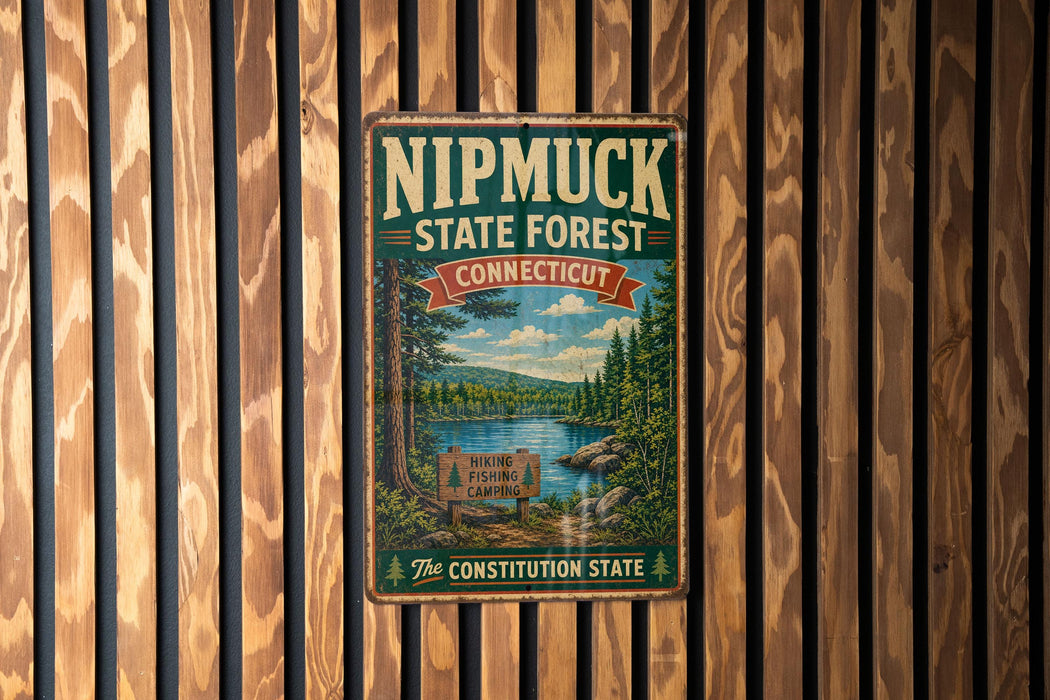 A vintage metal sign for the Nipmuck State Forest in Connecticut, featuring a scenic landscape with a lake and pine trees.