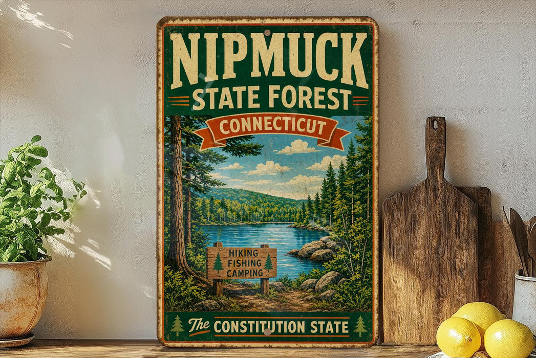 A vintage-style metal sign for the Nipmuck State Forest in Connecticut, featuring a scenic landscape with a lake, mountains, and pine trees.
