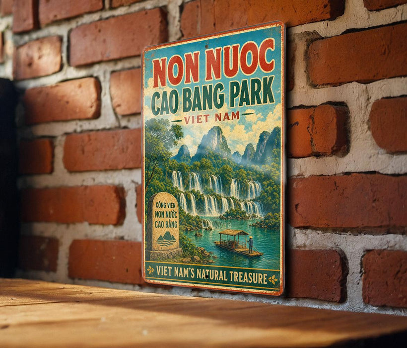 a vintage-style sign for the Non Nuoc Cào Bang Park in Vietnam, with a scenic illustration of the park's waterfall and boats.
