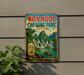 a vintage-style sign for the Non nuoc Cao Bang Park in Vietnam, with a scenic landscape of waterfalls and mountains in the background.