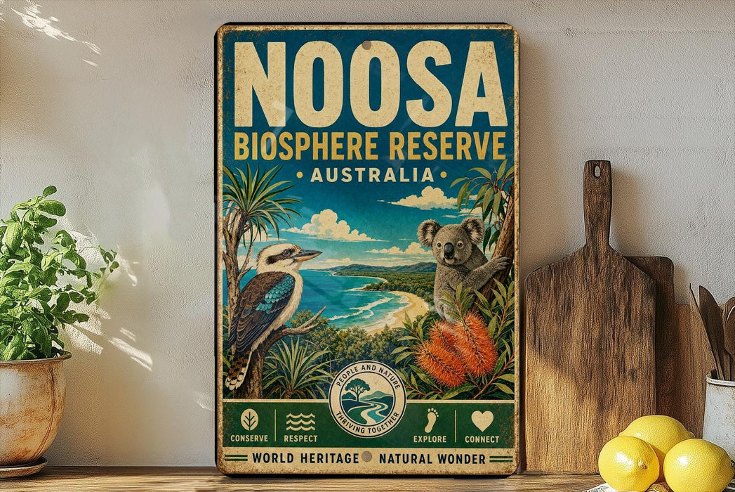 a vintage-style sign for the Noosa Bioscape Reserve in Australia, with illustrations of a koala, a bird, and a tropical landscape. The sign is displayed on a shelf next to a wooden cutting board and a potted plant.