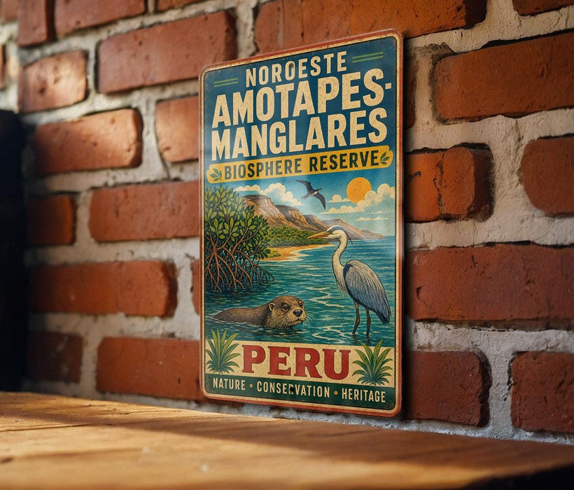 A vintage-style metal sign with text and illustrations, mounted on a brick wall.