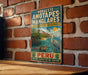 A vintage-style metal sign with text and illustrations, mounted on a brick wall.