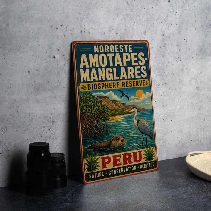 A vintage-style metal sign for the Noroeste Amotapes-Manglarees Biosphere Reserve in Peru, featuring an illustration of a bird and a beaver in a natural setting.