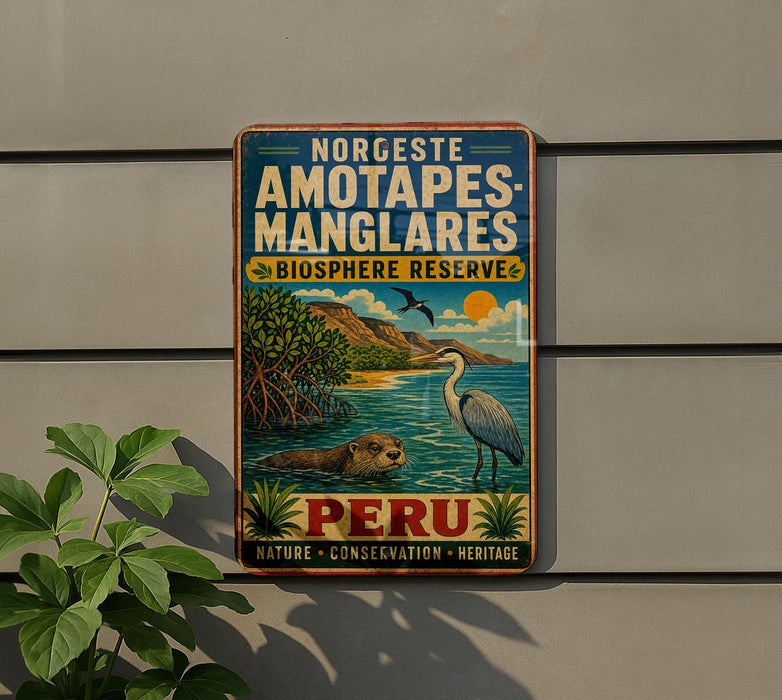 A vintage-style metal sign with text and illustrations, mounted on a wall next to a plant.