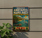 A vintage-style metal sign with text and illustrations, mounted on a wall next to a plant.