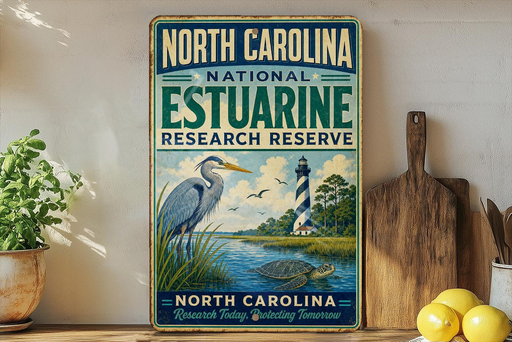 A vintage-style sign for the North Carolina Estuarine Research Reserve, featuring a blue heron and a lighthouse, is displayed on a shelf next to a wooden cutting board and some lemons.