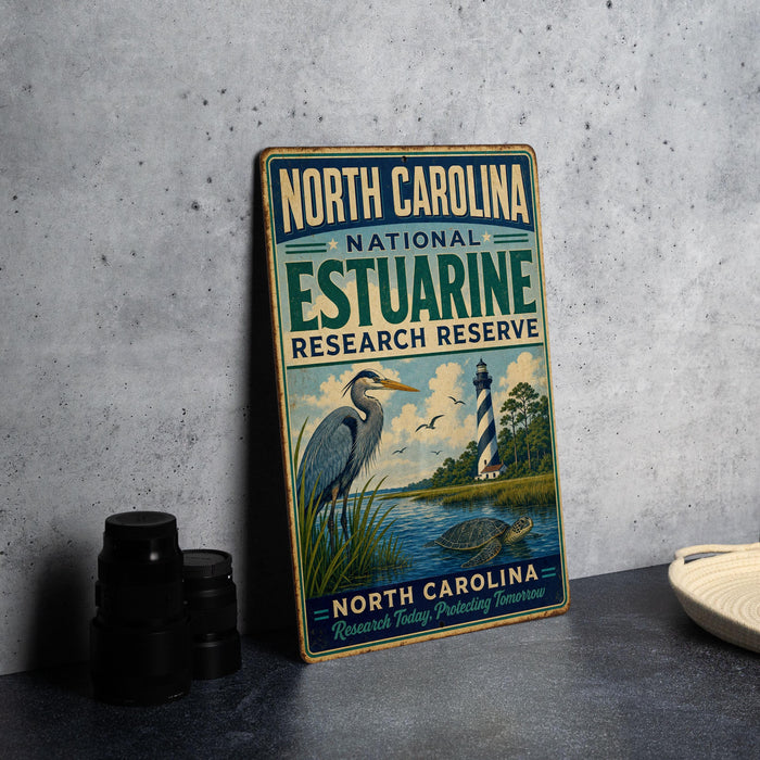 A vintage-style metal sign for the North Carolina Estuarine Research Reserve, featuring a lighthouse and a bird, is displayed on a gray countertop.