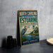 A vintage-style metal sign for the North Carolina Estuarine Research Reserve, featuring a lighthouse and a bird, is displayed on a gray countertop.