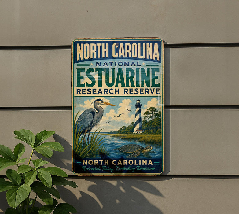 A metal sign for the North Carolina Estuarine Research Reserve, featuring a lighthouse and a bird in a grassy area.