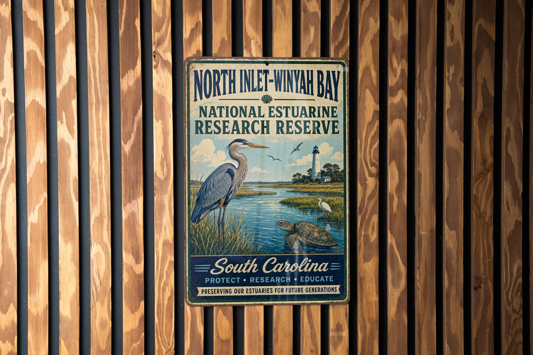 A metal sign with text and an illustration of a bird standing in a grassy area near a body of water, mounted on a wooden wall.