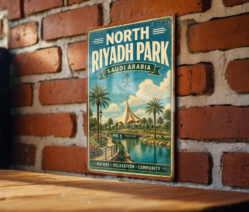 A vintage-style metal sign for North Riyadh Park in Saudi Arabia, featuring a scenic illustration of a park with palm trees and a river.