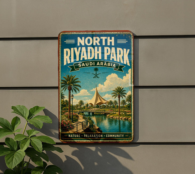 A vintage-style metal sign for North Riyadh Park in Saudi Arabia, featuring a scenic illustration of palm trees, a river, and a tent-like structure.