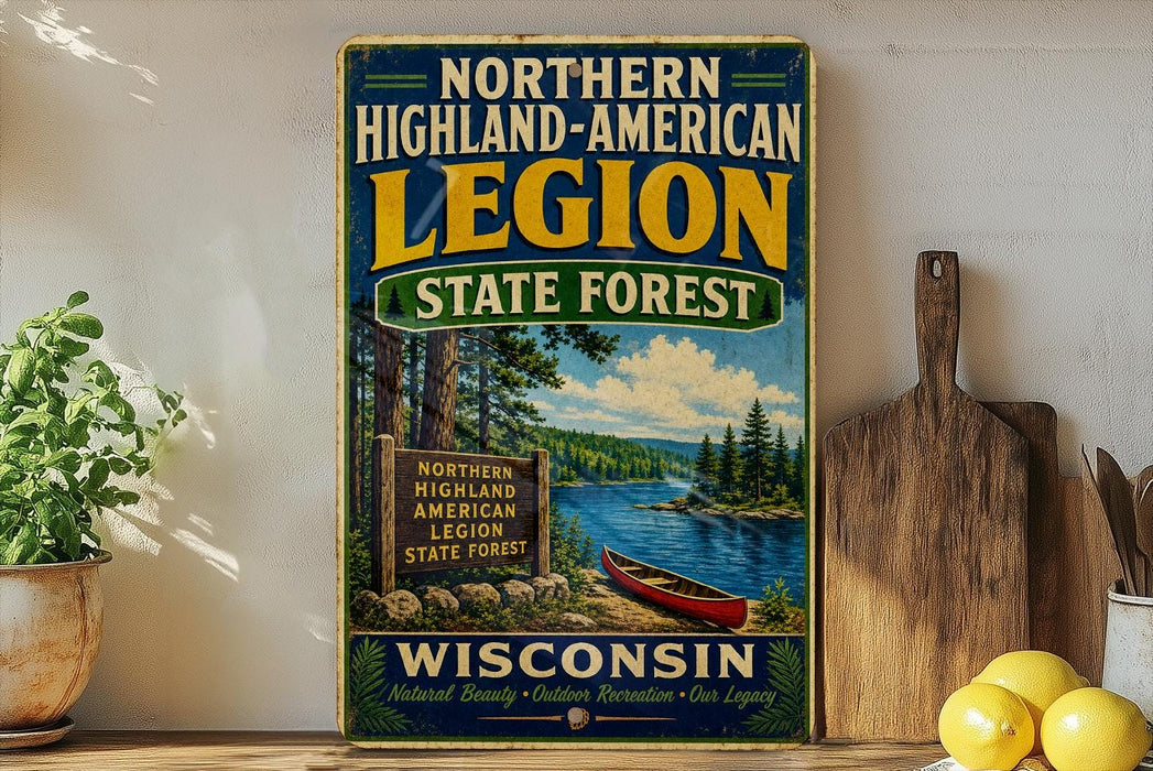 A vintage-style sign for the Northern Highland-American Legion State Forest in Wisconsin, featuring a scenic illustration of a lake, forest, and canoe.