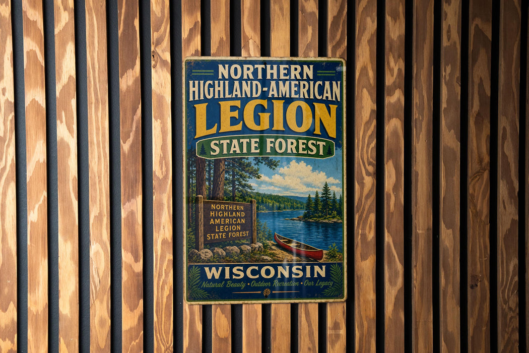A vintage-style metal sign for the Northern Highland-American Legion State Forest in Wisconsin, featuring a scenic image of a lake and forest.