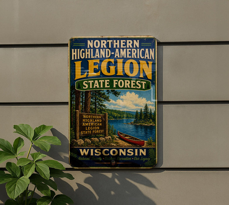 a vintage-style sign for the Northern Highland-American Legion State Forest in Wisconsin, with a scenic illustration of a lake, forest, and canoe.