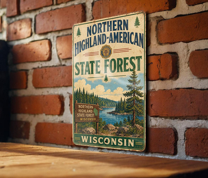 A vintage-style metal sign for the Northern Highland-American State Forest in Wisconsin, featuring a scenic illustration of a forest landscape with a river and pine trees.