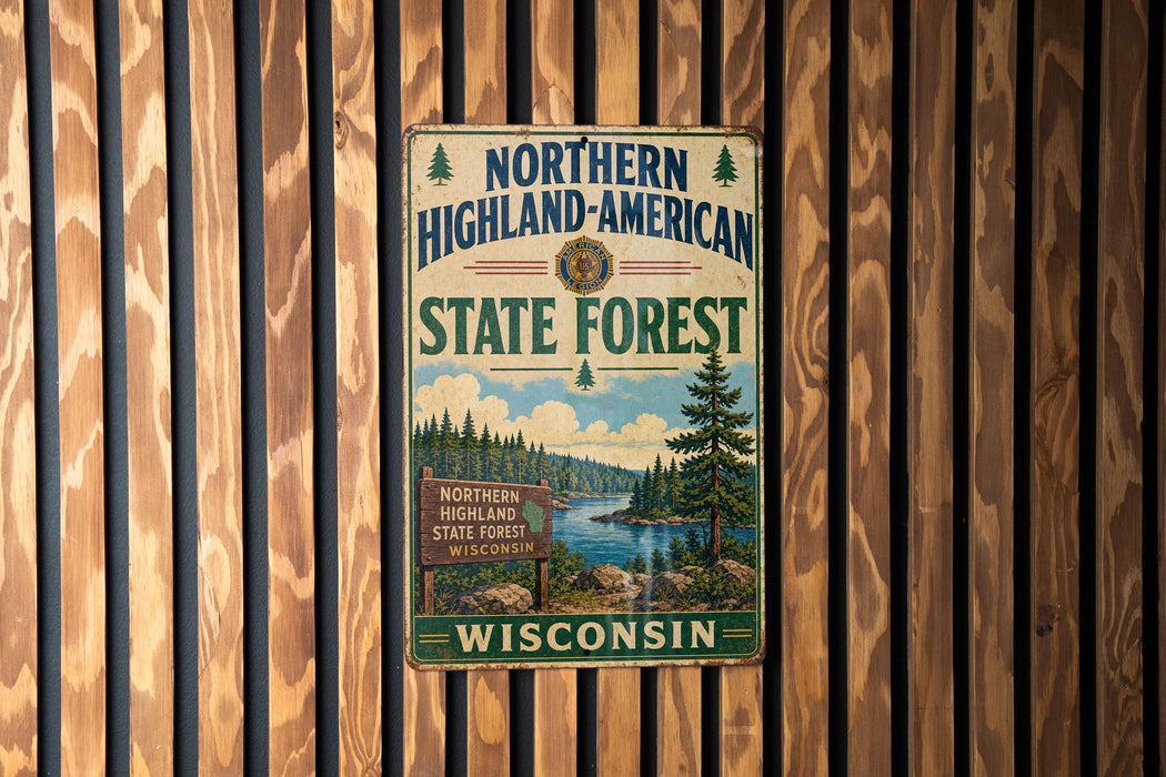 A vintage metal sign for the Northern Highland-American State Forest in Wisconsin, featuring a scenic landscape with pine trees, a river, and a sign indicating the location.