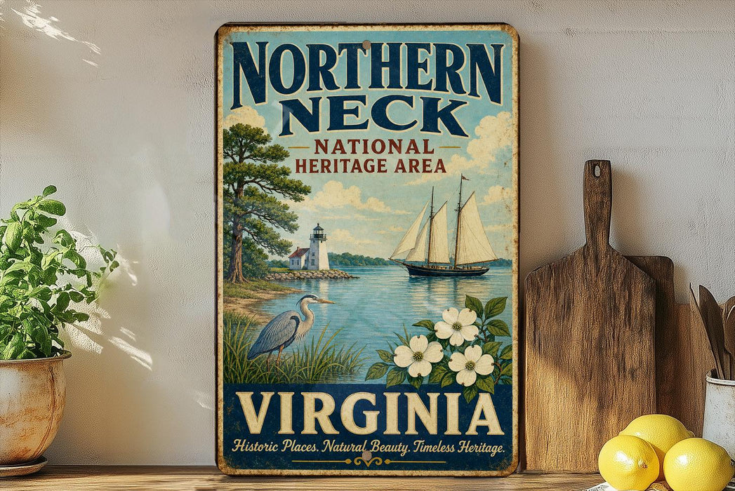 A vintage-style sign for the Northern Neck National Heritage Area in Virginia, featuring a sailing ship, lighthouse, and natural scenery.