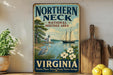 A vintage-style sign for the Northern Neck National Heritage Area in Virginia, featuring a sailing ship, lighthouse, and natural scenery.