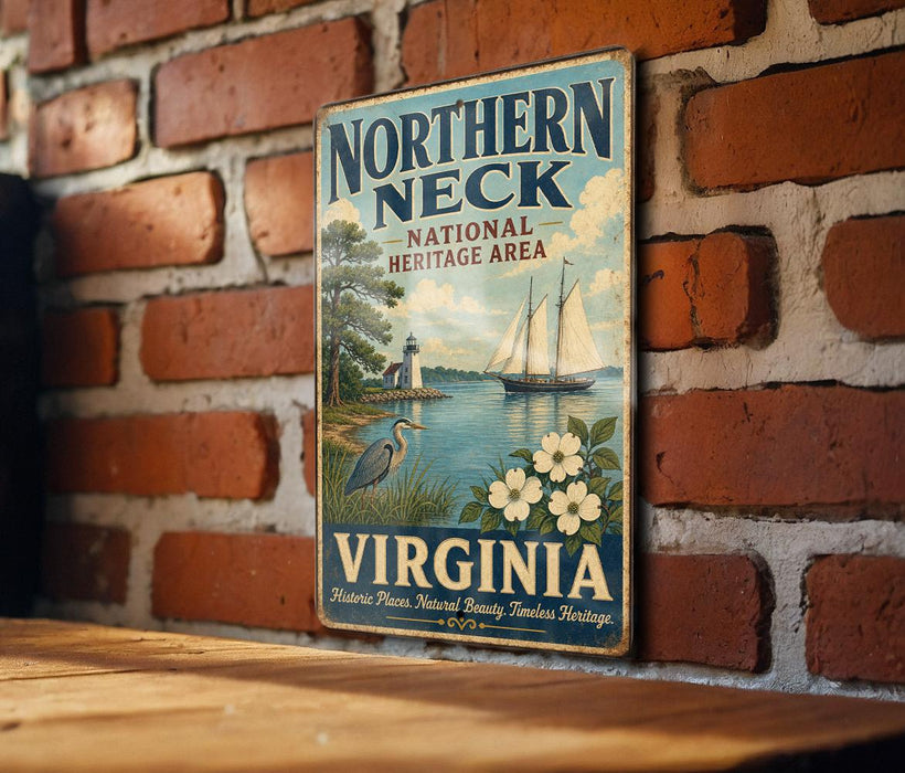 A vintage-style sign for the Northern Neck National Heritage Area in Virginia, featuring a sailboat and a lighthouse, mounted on a brick wall.