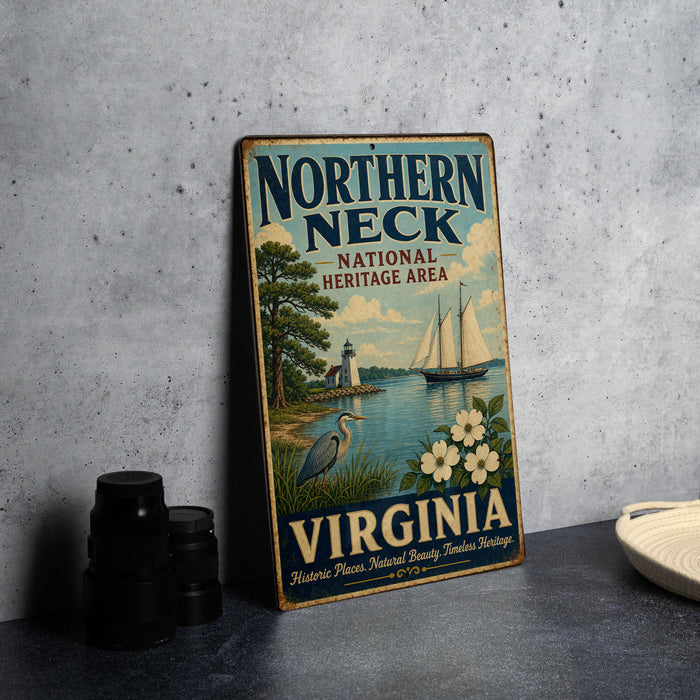 A vintage metal sign for the Northern Neck National Heritage Area in Virginia, featuring a sailboat and a lighthouse, is displayed on a gray countertop next to some black camera lenses.