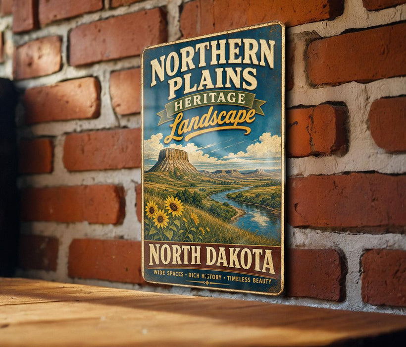 A vintage-style sign for the Northern Plains Heritage Landscape in North Dakota, featuring a scenic illustration of a mountain, river, and sunflowers.