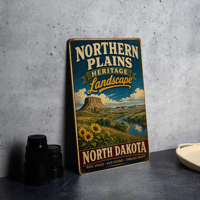 A vintage-style sign advertising the Northern Plains Heritage Landscape in North Dakota, featuring a scenic landscape with a mountain, river, and sunflowers.