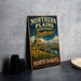 A vintage-style sign advertising the Northern Plains Heritage Landscape in North Dakota, featuring a scenic landscape with a mountain, river, and sunflowers.