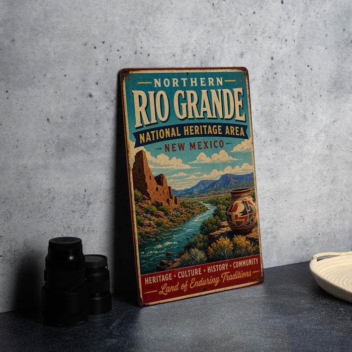 A vintage-style sign for the Northern Rio Grande National Heritage Area in New Mexico, featuring a scenic landscape with mountains, a river, and a pottery piece.