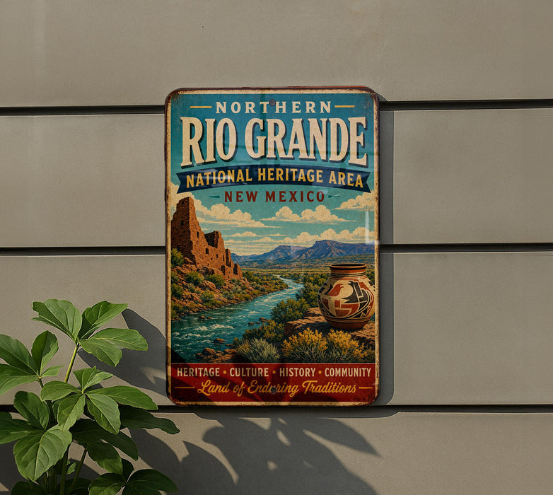 A vintage-style sign for the Northern Rio Grande National Heritage Area in New Mexico, featuring a scenic landscape with a river, mountains, and a pottery piece.