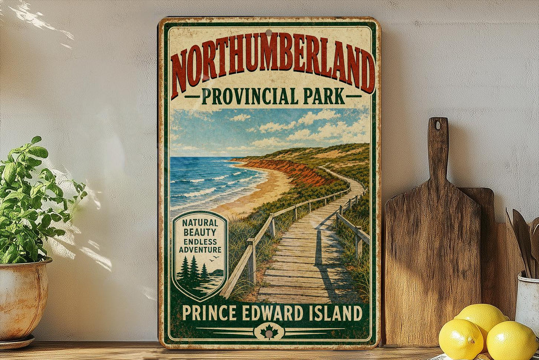 A vintage-style sign for Northumberland Provincial Park, featuring a wooden boardwalk leading to a beach and mountains in the background.