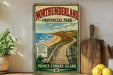 A vintage-style sign for Northumberland Provincial Park, featuring a wooden boardwalk leading to a beach and mountains in the background.