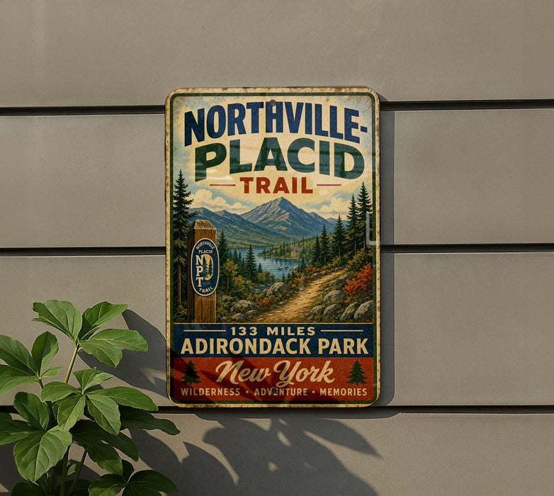 A vintage trail sign for Northville Placid Trail, located at Adirondack Park in New York.