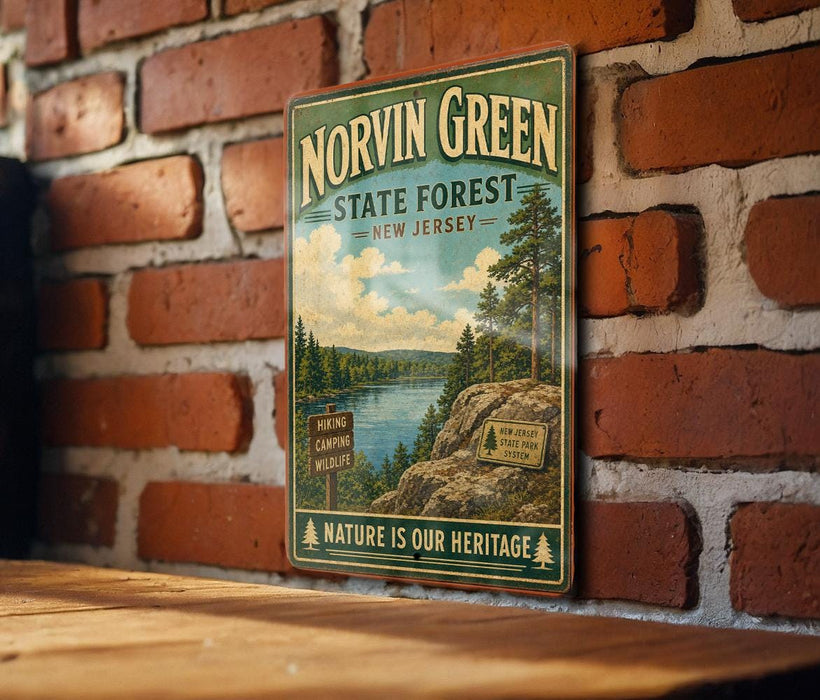A vintage-style metal sign for Norvin Green State Forest in New Jersey, featuring a scenic landscape with a lake, mountains, and pine trees.