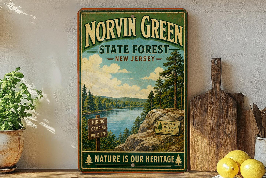 A vintage-style sign for Norvin Green State Forest in New Jersey, featuring a scenic landscape with a river, pine trees, and hiking trails.