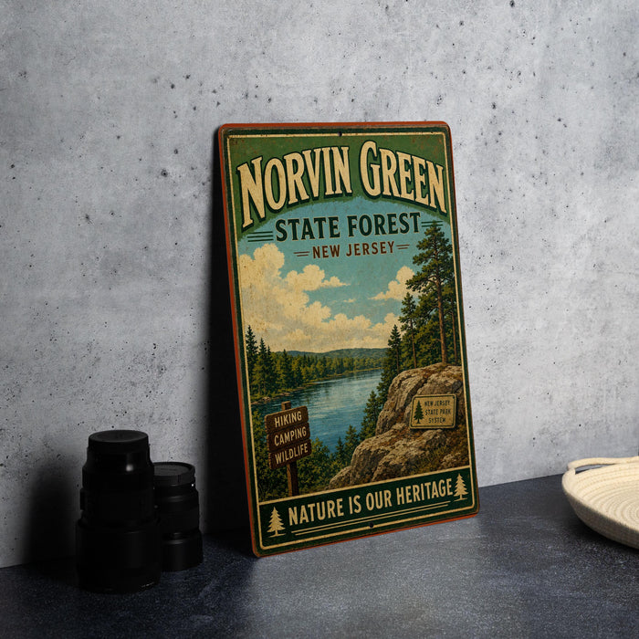 A vintage-style metal sign for Norvin Green State Forest in New Jersey, featuring a scenic landscape with a river, pine trees, and hiking trails.