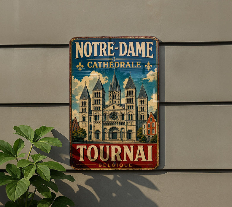 A vintage metal sign with the text "NOTRE-DAME CATEDRALE" and "TOURNAI BELGIQUE" is displayed on a wall, with a plant to the left.