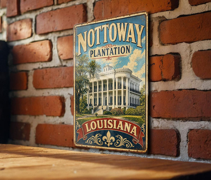A vintage-style metal sign with the text "NOTTOWAY PLANTATION LOUISIANA" and an illustration of a building, mounted on a brick wall.